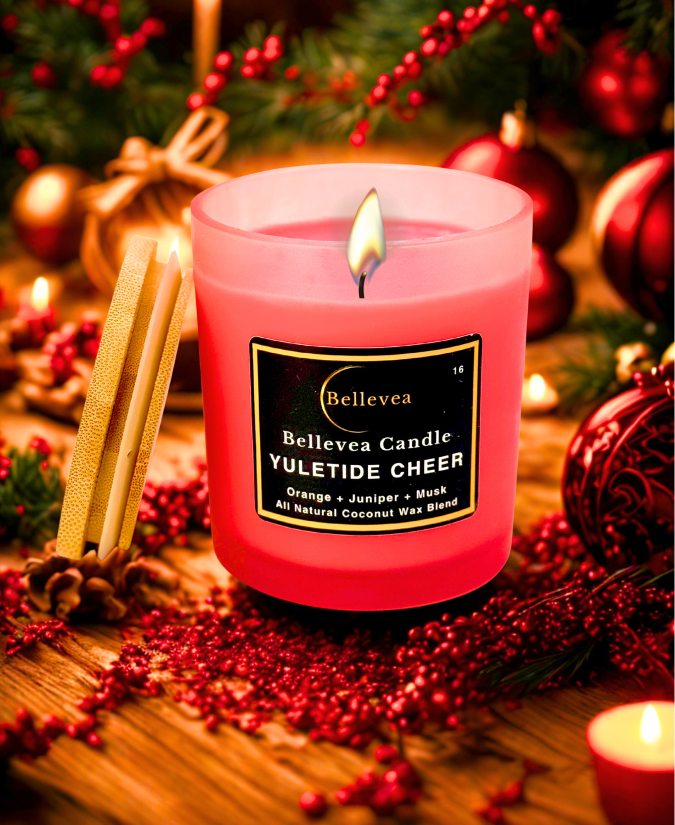 11 oz Bellevea Yuletide Cheer Candle, the scents of citrus, cinnamon, amber, clove, nutmeg, vanilla, juniper and musk