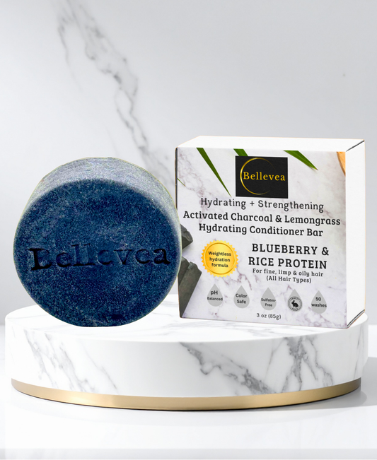 3 oz Bellevea Activated Charcoal and Lemongrass Hydrating Conditioner Bar with Blueberry & Rice Protein for Healthy Hair - Hydrating & Strengthening for fine, limp, & oily hair (All Hair Types) in women and men. Scents of lemongrass and eucalyptus.