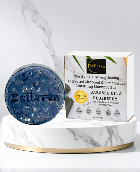 3.2 oz Bellevea Activated Charcoal & Lemongrass Clarifying Shampoo Bar with Babassu Oil & Blueberry - For hair buildup, scalp detoxing & balancing shampoo for fine, limp & oily hair (All Hair Types) in women and men. Scents of lemongrass & eucalyptus