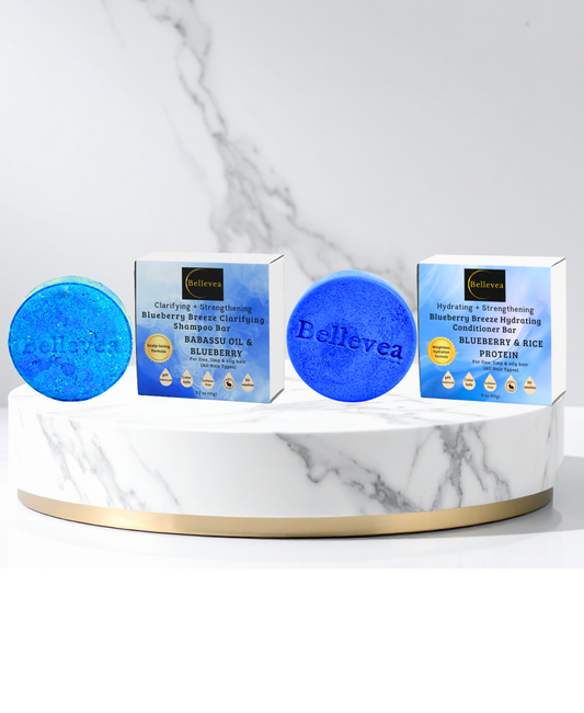 3.2 oz Bellevea Blueberry Breeze Clarifying Shampoo & 3 oz Blueberry Breeze Hydrating Conditioner Bars Combo - Clarifying & hydrating for fine, limp, & oily hair (All Hair Types) in women and men. Scents of orange, tropical fruits, coconut, and pineapple.