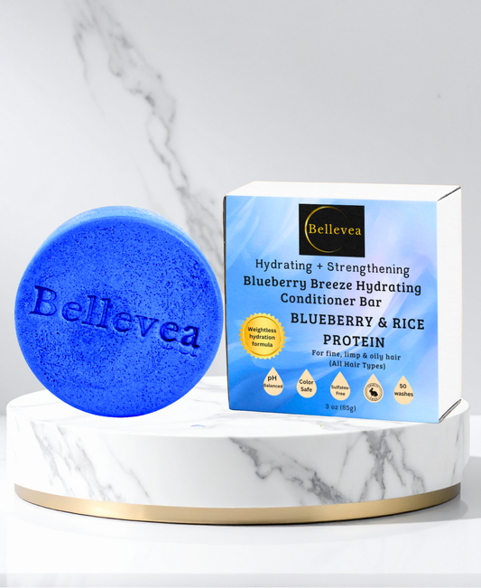 3 oz Bellevea Blueberry Breeze Hydrating Conditioner Bar with Blueberry & Rice Protein for Healthy Hair - Hydrating & Strengthening for fine, limp & oily hair (All Hair Types) in women and men. Scents of orange, tropical fruits, coconut, & pineapple
