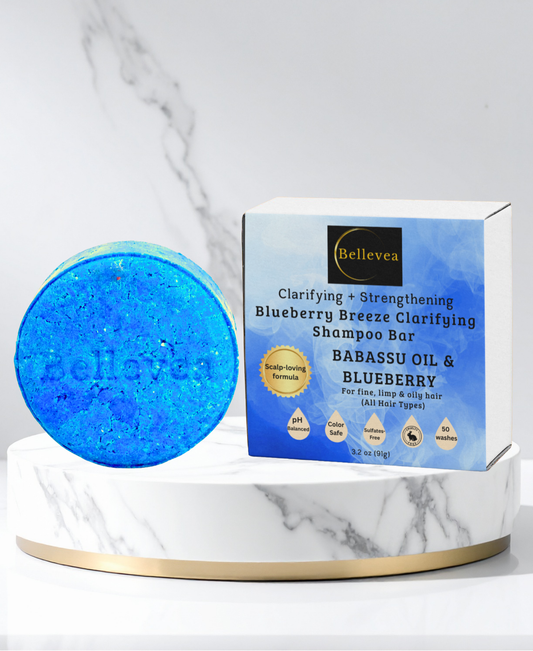 3.2 oz Bellevea Blueberry Breeze Clarifying Shampoo Bar with Babassu Oil & Blueberry - For hair buildup, scalp detoxing & balancing for fine, limp & oily hair (All Hair Types) in women and men. Scents of orange, tropical fruits, coconut, & pineapple