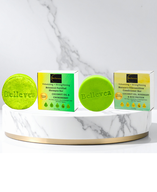 3.2 oz Bellevea Botanical Fortified Shampoo & 3 oz Bellevea Nature's VibrantGlow Conditioner Bars Combo - Volumizing & Strengthening for thin, coarse, dry, and damaged hair (All Hair Types) in women and men. Scents of lemon & peppermint.