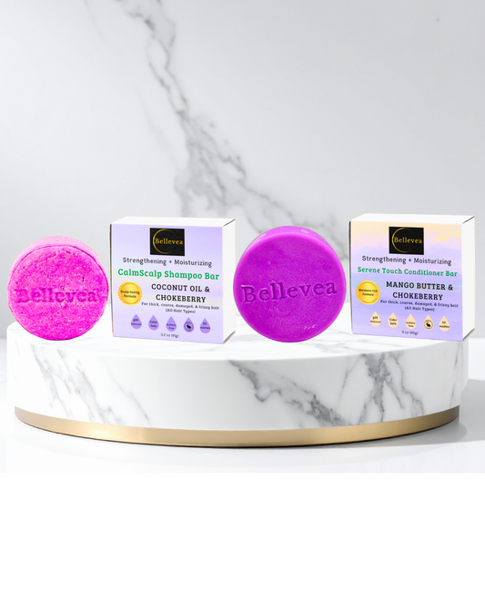 3.2 oz Bellevea CalmScalp Shampoo & 3 oz Bellevea Serene Touch Conditioner Bars Combo - Strengthening & Moisturizing for thick, coarse, damaged, & frizzy hair (All Hair Types) in women and men. Scents of lavender & vanilla.