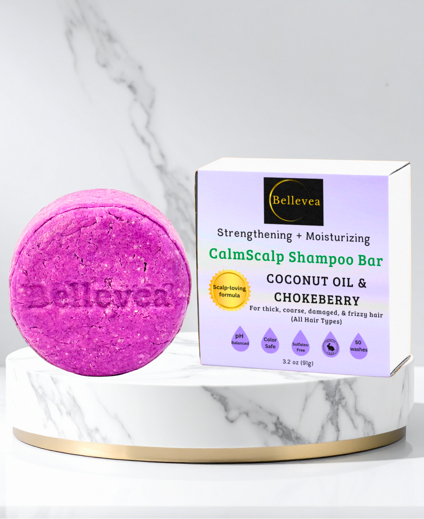 3.2 oz Bellevea CalmScalp Shampoo Bar with Coconut Oil & Chokeberry for Healthy Scalp & Hair – Cleansing, Strengthening, & Moisturizing Shampoo for thick, coarse, damaged, & frizzy hair (All Hair Types) in women and men. Scents of lavender & vanilla.