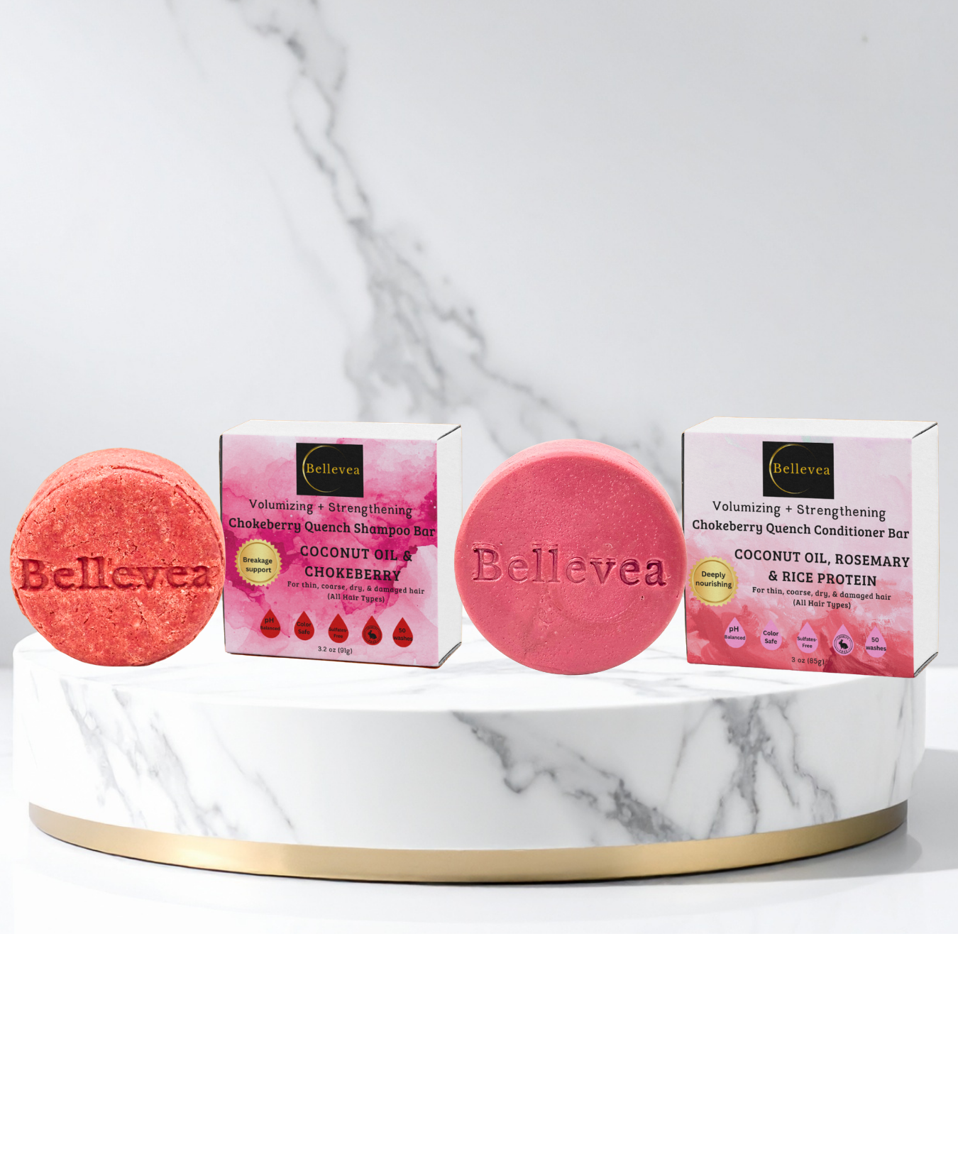 3.2 oz Bellevea Chokeberry Quench Shampoo & 3 oz Chokeberry Quench Conditioner Bars Combo - Volumizing & strengthening for thin, coarse, dry, & damaged hair (All Hair Types) in women & men. Scents of geranium & bergamot.