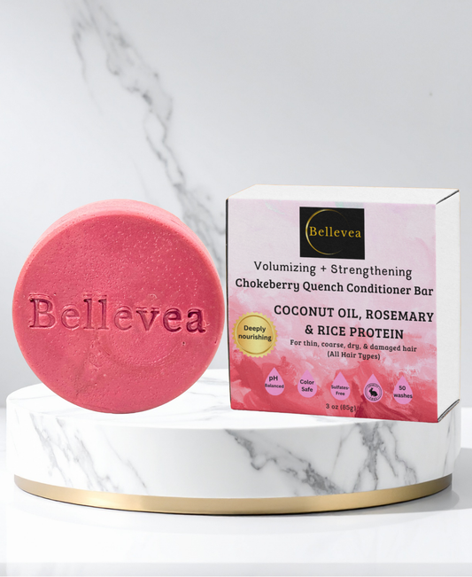 3 oz Bellevea Chokeberry Quench Conditioner Bar with Coconut Oil, Rice Protein for Healthier- and Fuller-Looking Hair - Volumizing & Strengthening for thin, coarse, dry, & damaged hair (All Hair Types) in women & men. Scents of geranium & bergamot.