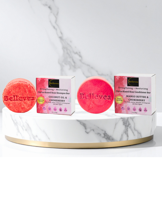 3.2 oz Bellevea Citrus Kissed Rose Shampoo & 3 oz Bellevea Citrus Ascent Conditioner Bars Combo - Strengthening & Moisturizing for thick, coarse, damaged, & frizzy hair (All Hair Types) in women and men. Scents of rose & orange.