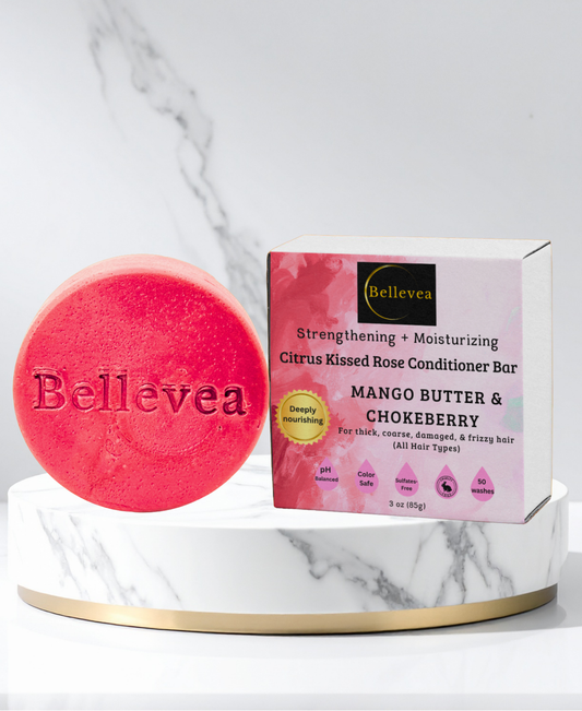 3 oz Bellevea Citrus Kissed Rose Conditioner Bar with Mango Butter & Chokeberry for Healthier-Looking Hair – Strengthening & Moisturizing Conditioner for thick, coarse, damaged, & frizzy hair (All Hair Types) in women and men. Scents of rose & orange.