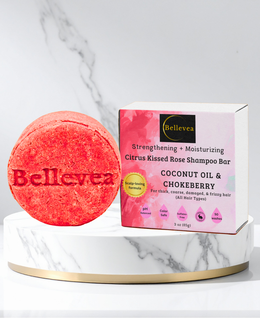 3.2 oz Bellevea Citrus Kissed Rose Shampoo Bar with Coconut Oil & Chokeberry for Healthy Scalp & Hair – Cleansing, Strengthening, & Moisturizing Shampoo for thick, coarse, damaged, & frizzy hair (All Hair Types) in women and men. Scents of rose & orange.