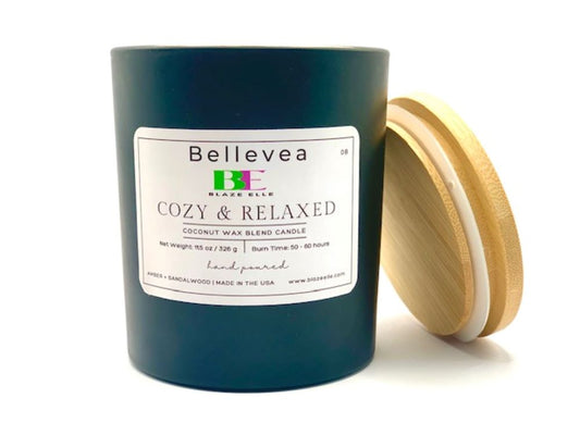 11oz Bellevea Cozy & Relaxed Candle, the scents of amber and sandalwood
