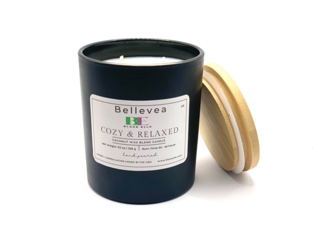 11oz Bellevea Cozy & Relaxed Candle, the scents of amber and sandalwood