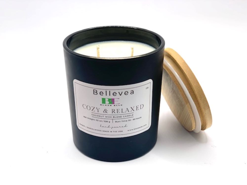 11oz Bellevea Cozy & Relaxed Candle, the scents of amber and sandalwood
