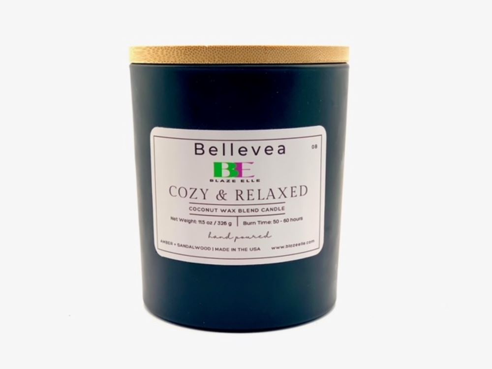 11oz Bellevea Cozy & Relaxed Candle, the scents of amber and sandalwood
