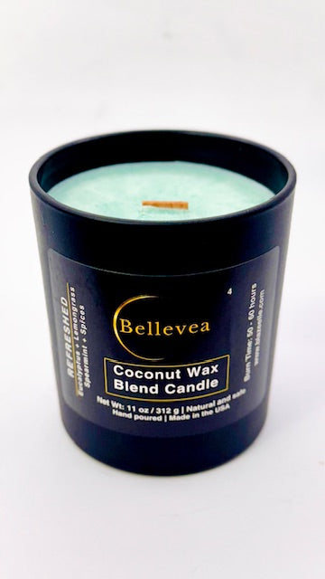 11oz Bellevea Refreshed Candle, the scents of eucalyptus, lemongrass, spearmint and spices