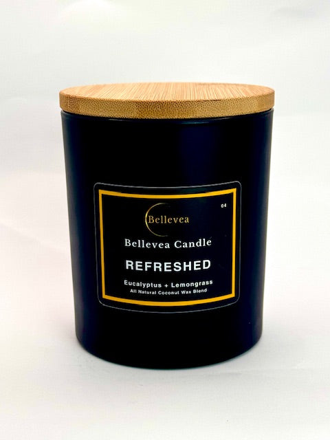 11oz Bellevea Refreshed Candle, the scents of eucalyptus, lemongrass, spearmint and spices