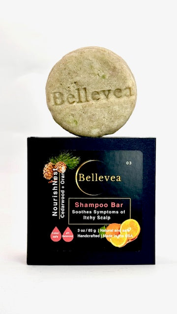 3oz Bellevea NourishNest Shampoo Bar, scents of cedarwood and orange