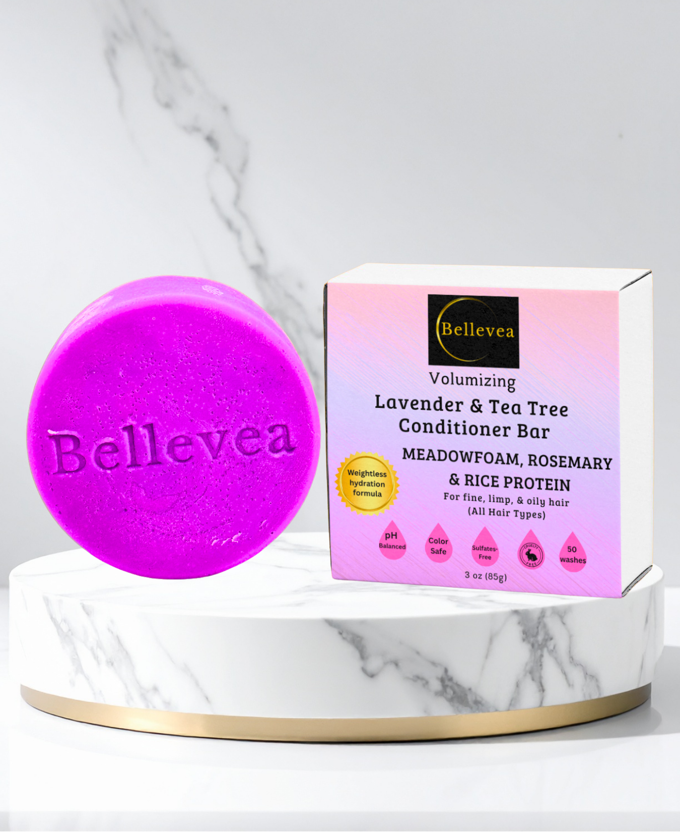 3 oz Bellevea Lavender & Tea Tree Conditioner Bar with Meadowfoam Oil, Rosemary & Rice Protein for Fuller-Looking Hair - Volumizing conditioner for fine, limp & oily hair (All Hair Types) in women and men. Scents of lavender & tea tree.