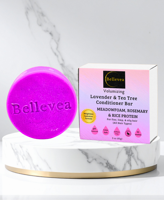 3 oz Bellevea Lavender & Tea Tree Conditioner Bar with Meadowfoam Oil, Rosemary & Rice Protein for Fuller-Looking Hair - Volumizing conditioner for fine, limp & oily hair (All Hair Types) in women and men. Scents of lavender & tea tree.