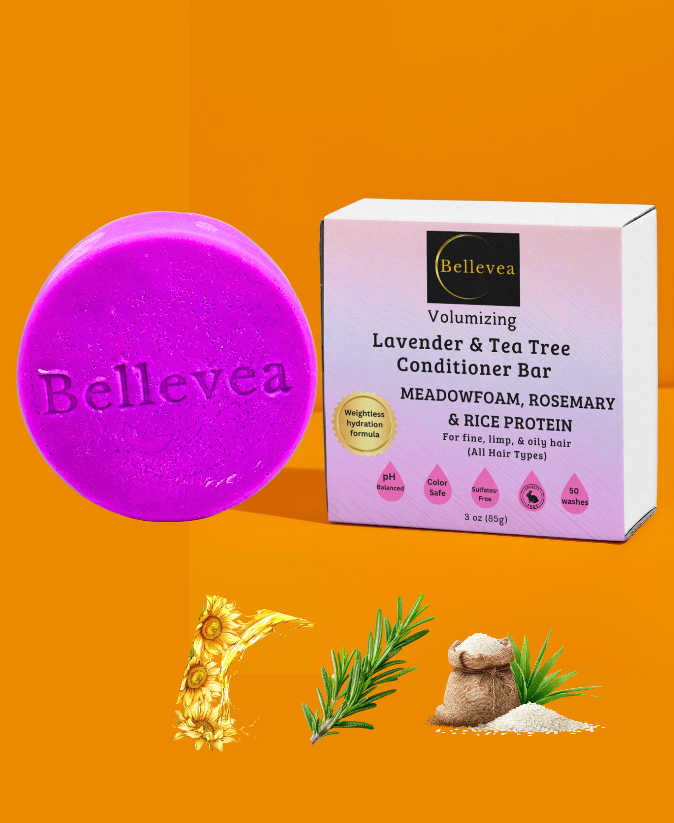 3 oz Bellevea Lavender & Tea Tree Conditioner Bar with Meadowfoam Oil, Rosemary & Rice Protein for Fuller-Looking Hair - Volumizing conditioner for fine, limp & oily hair (All Hair Types) in women and men. Scents of lavender & tea tree.