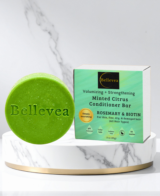 3 oz Bellevea Minted Citrus Conditioner Bar with Rosemary & Biotin for Silk Repair & Hair Growth – Volumizing & Strengthening for thin, fine, dry, & damaged hair (All Hair Types) in women and men. Scents of rosemary, orange, & eucalyptus.