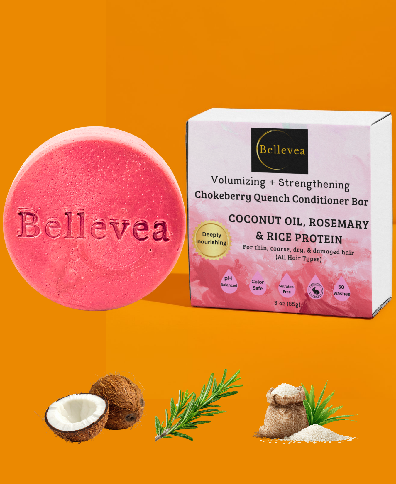 3 oz Bellevea Chokeberry Quench Conditioner Bar with Coconut Oil, Rice Protein for Healthier- and Fuller-Looking Hair - Volumizing & Strengthening for thin, coarse, dry, & damaged hair (All Hair Types) in women & men. Scents of geranium & bergamot.