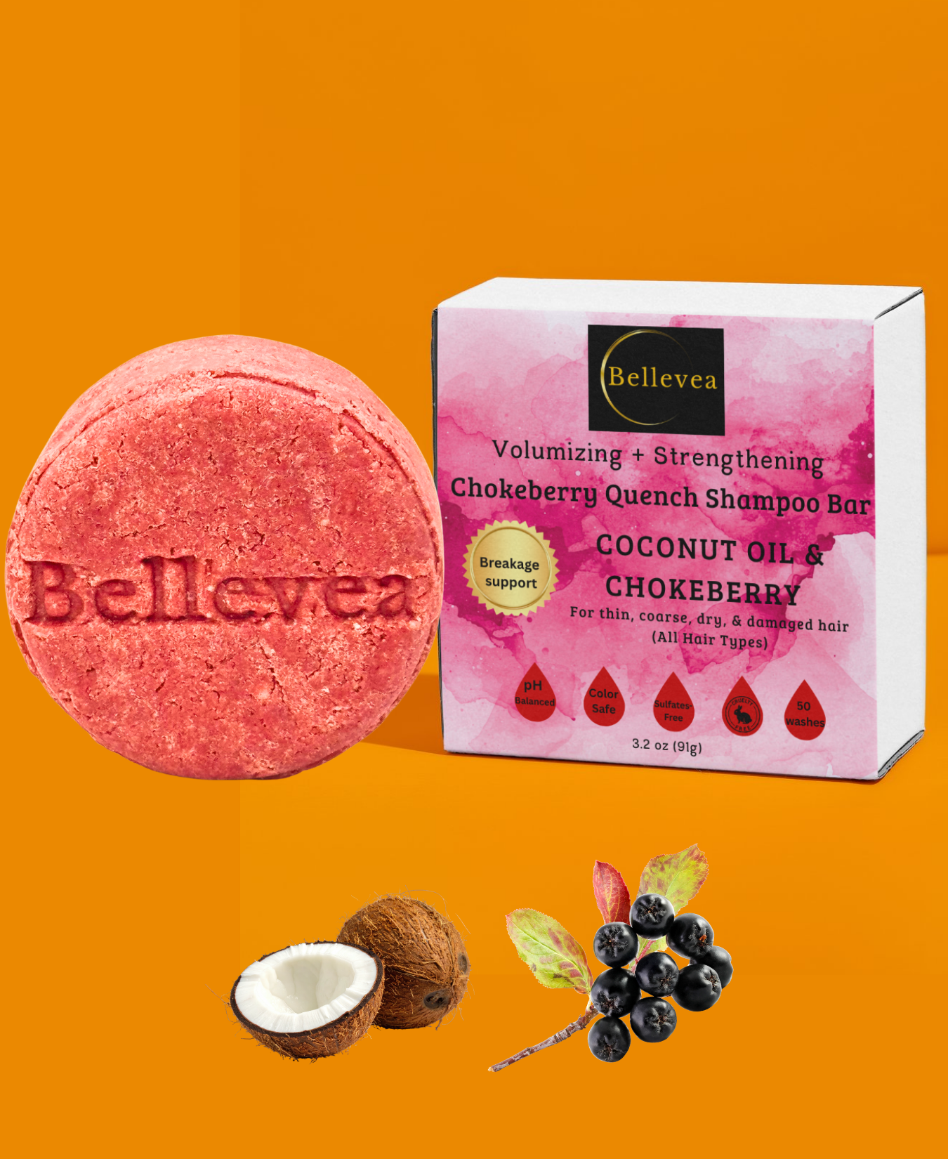 3.2 oz Bellevea Chokeberry Quench Shampoo Bar with Coconut Oil, Rosemary & Rice Protein for Healthy Scalp & Hair - Volumizing & Strengthening shampoo for thin, coarse, dry, and damaged hair (All Hair Types) in women and men. Scents of geranium & bergamot.
