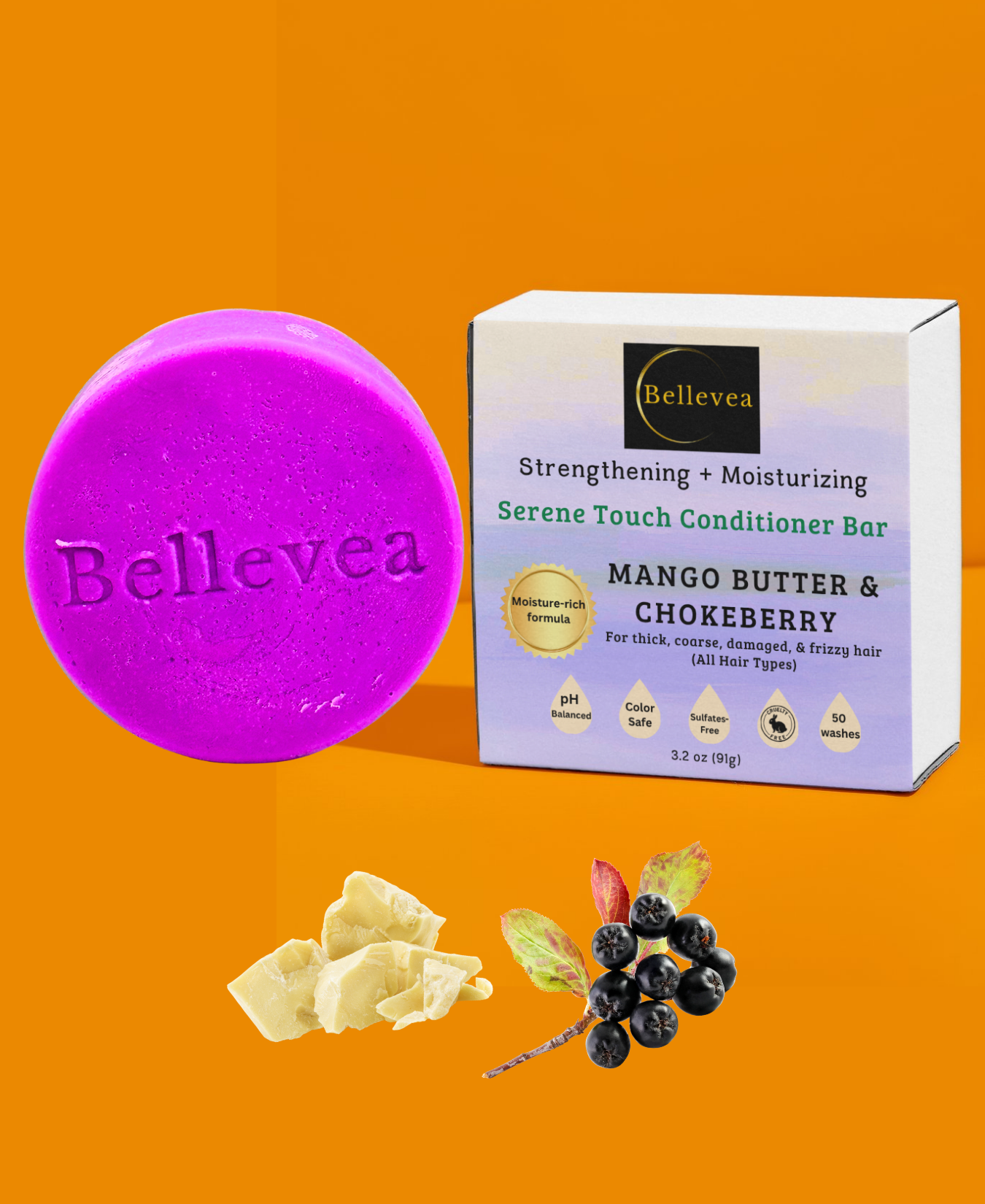 3 oz Bellevea Serene Touch Conditioner Bar with Mango Butter & Chokeberry for Healthier-Looking Hair – Strengthening & Moisturizing Conditioner for thick, coarse, damaged, & frizzy hair (All Hair Types) in women and men. Scents of lavender & vanilla.