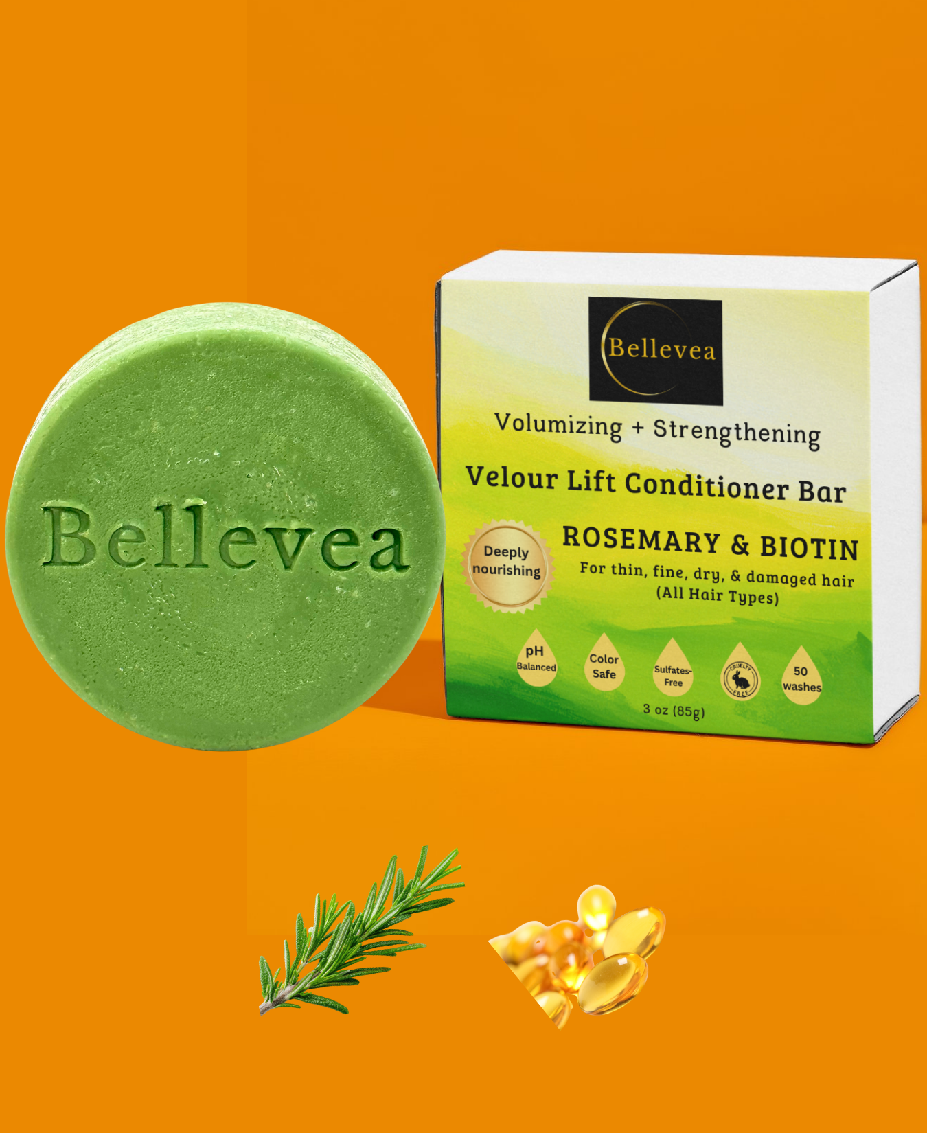 3 oz Bellevea Velour Lift Conditioner Bar with Rosemary & Biotin for Silk Repair & Hair Growth – Volumizing & Strengthening for thin, fine, dry, & damaged hair (All Hair Types) in women and men. Scents of lemongrass & eucalyptus.