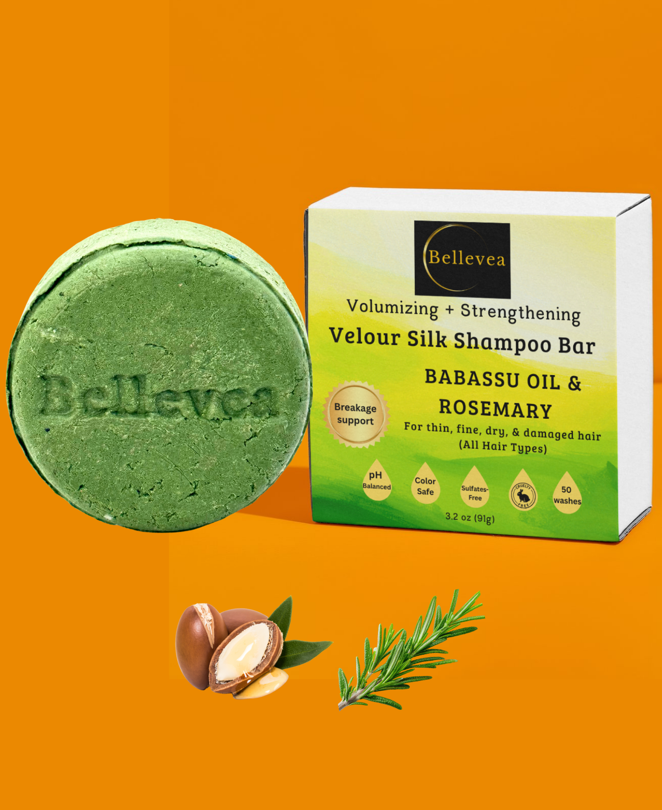 3.2 oz Bellevea Velour Silk Shampoo Bar with Babassu Oil & Rosemary for Healthy Scalp, Silk Repair & Hair Growth - Volumizing & Strengthening for thin, fine, dry, & damaged hair (All Hair Types) in women and men. Scents of lemongrass & eucalyptus.