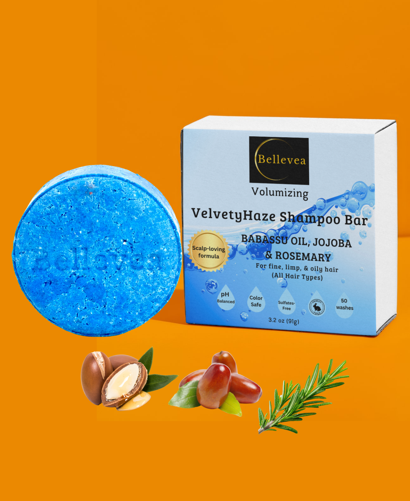 3.2 oz Bellevea VelvetyHaze Shampoo Bar with Babassu Oil, Jojoba Oil & Rosemary for Healthy Scalp & Fuller-Looking Hair - Volumizing shampoo for fine, limp & oily hair (All Hair Types) in women and men. Scents of blueberry & ylang ylang.