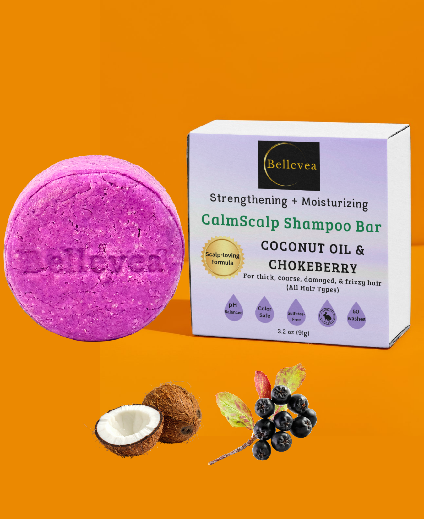 3.2 oz Bellevea CalmScalp Shampoo Bar with Coconut Oil & Chokeberry for Healthy Scalp & Hair – Cleansing, Strengthening, & Moisturizing Shampoo for thick, coarse, damaged, & frizzy hair (All Hair Types) in women and men. Scents of lavender & vanilla.