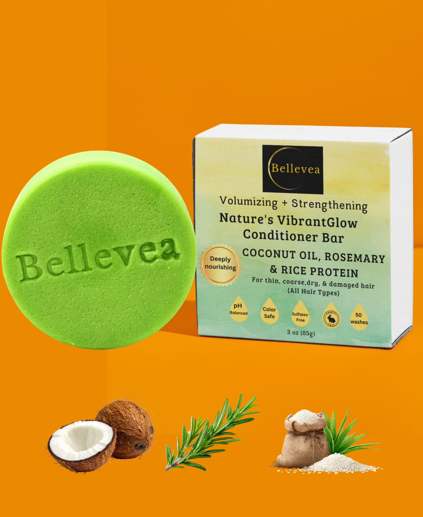 3 oz Bellevea Nature's VibrantGlow Conditioner Bar with Coconut Oil & Rice Protein for Healthier- & Fuller-Looking Hair - Volumizing & Strengthening for thin, coarse, dry, & damaged hair (All Hair Types) in women and men. Scents of lemon & peppermint.