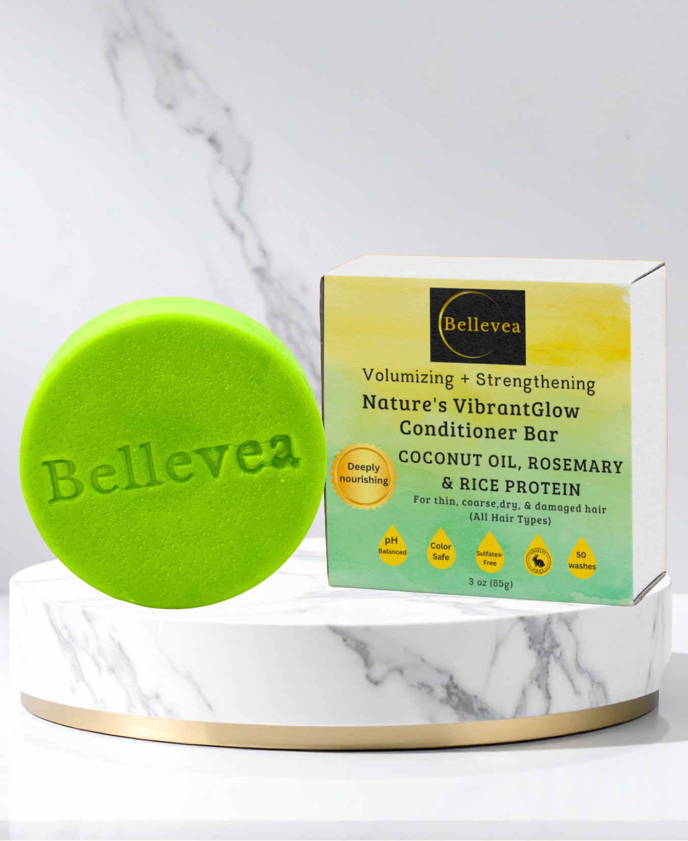 3 oz Bellevea Nature's VibrantGlow Conditioner Bar with Coconut Oil & Rice Protein for Healthier- & Fuller-Looking Hair - Volumizing & Strengthening for thin, coarse, dry, & damaged hair (All Hair Types) in women and men. Scents of lemon & peppermint.