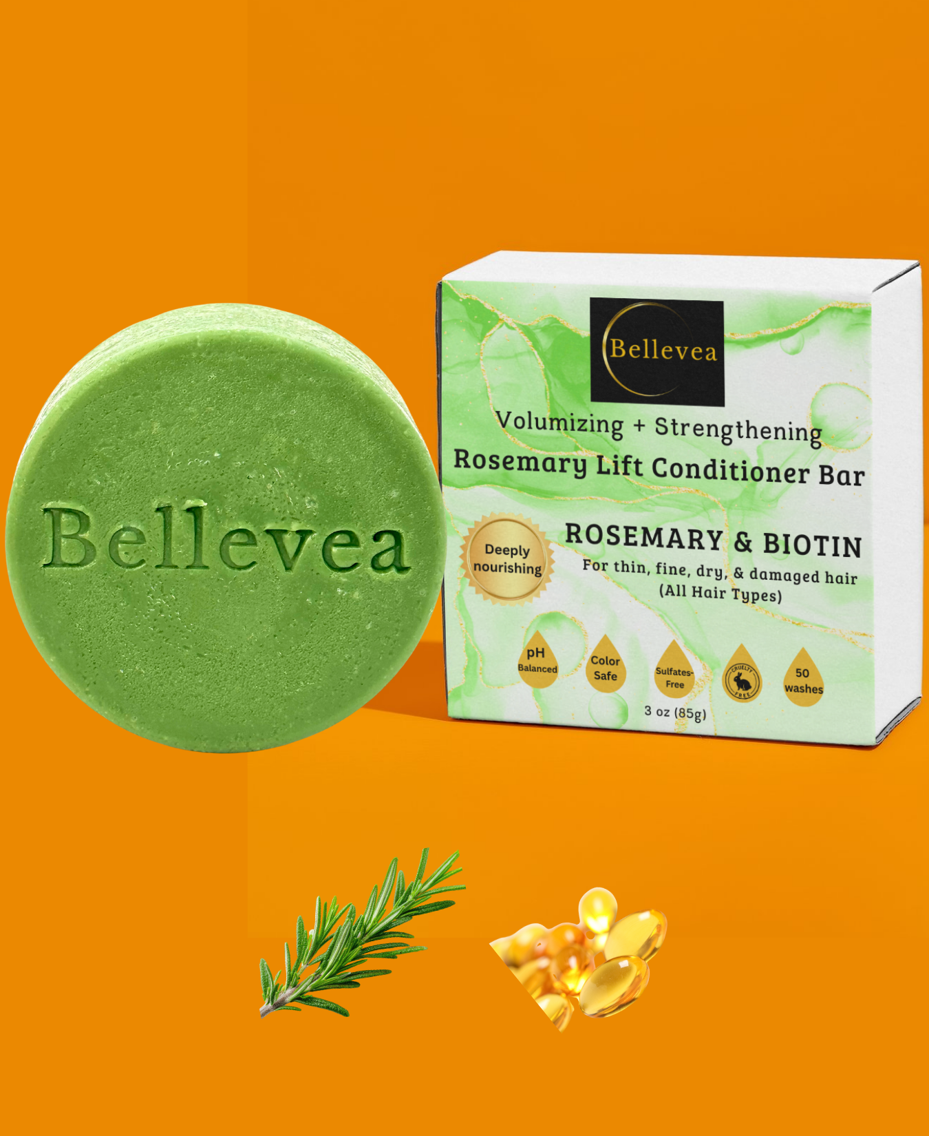 3 oz Bellevea Rosemary Lift Conditioner Bar with Rosemary & Biotin for Healthier-Looking Hair & Hair Growth - Volumizing & Strengthening for thin, fine, dry & damaged hair (All Hair Types) in women and men. Scents of cedarwood and rosemary.