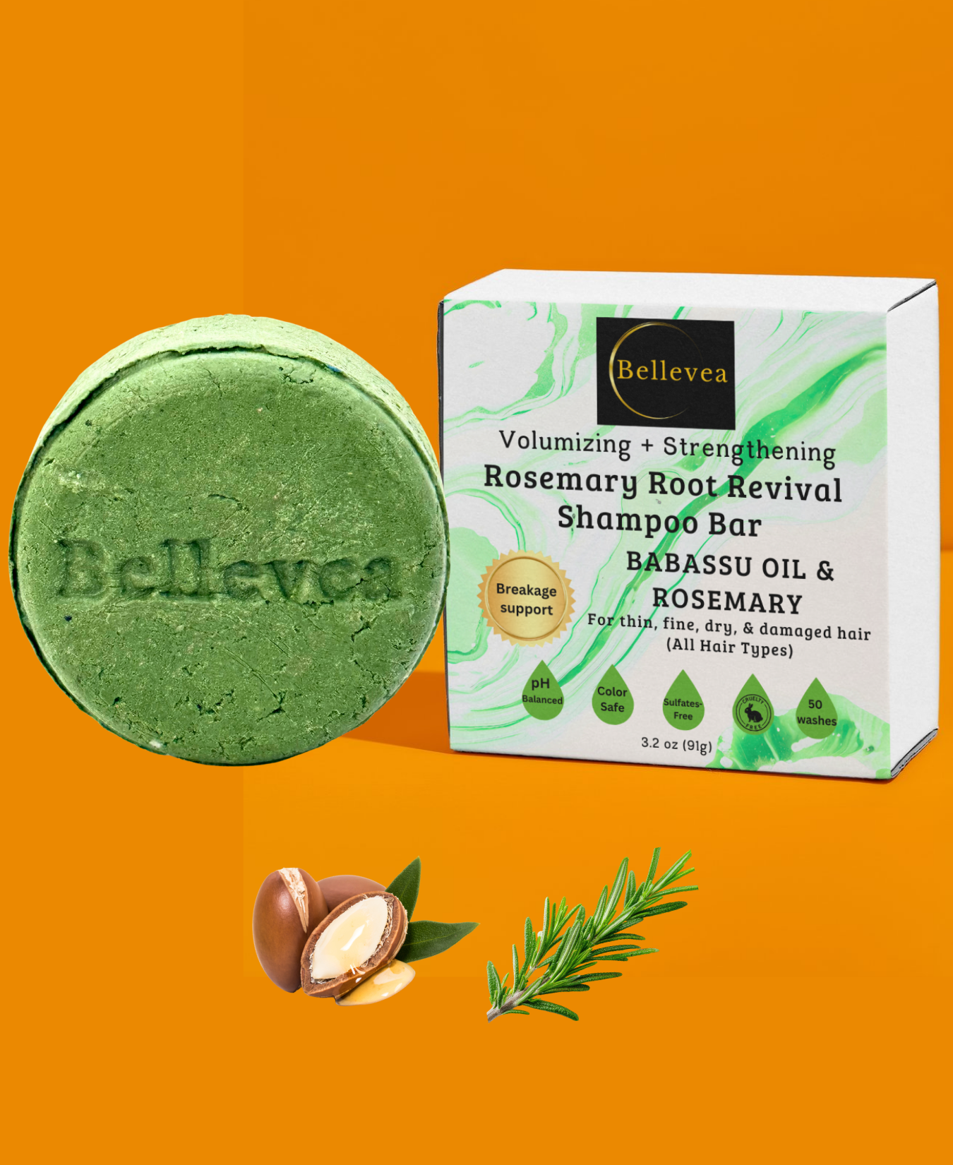 3.2 oz Bellevea Rosemary Root Revival Shampoo Bar with Babassu Oil & Rosemary for Healthy Scalp, Silk Repair & Hair Growth – Volumizing & Strengthening for thin, fine, dry, & damaged hair (All Hair Types) in women and men. Scents of cedarwood & rosemary.