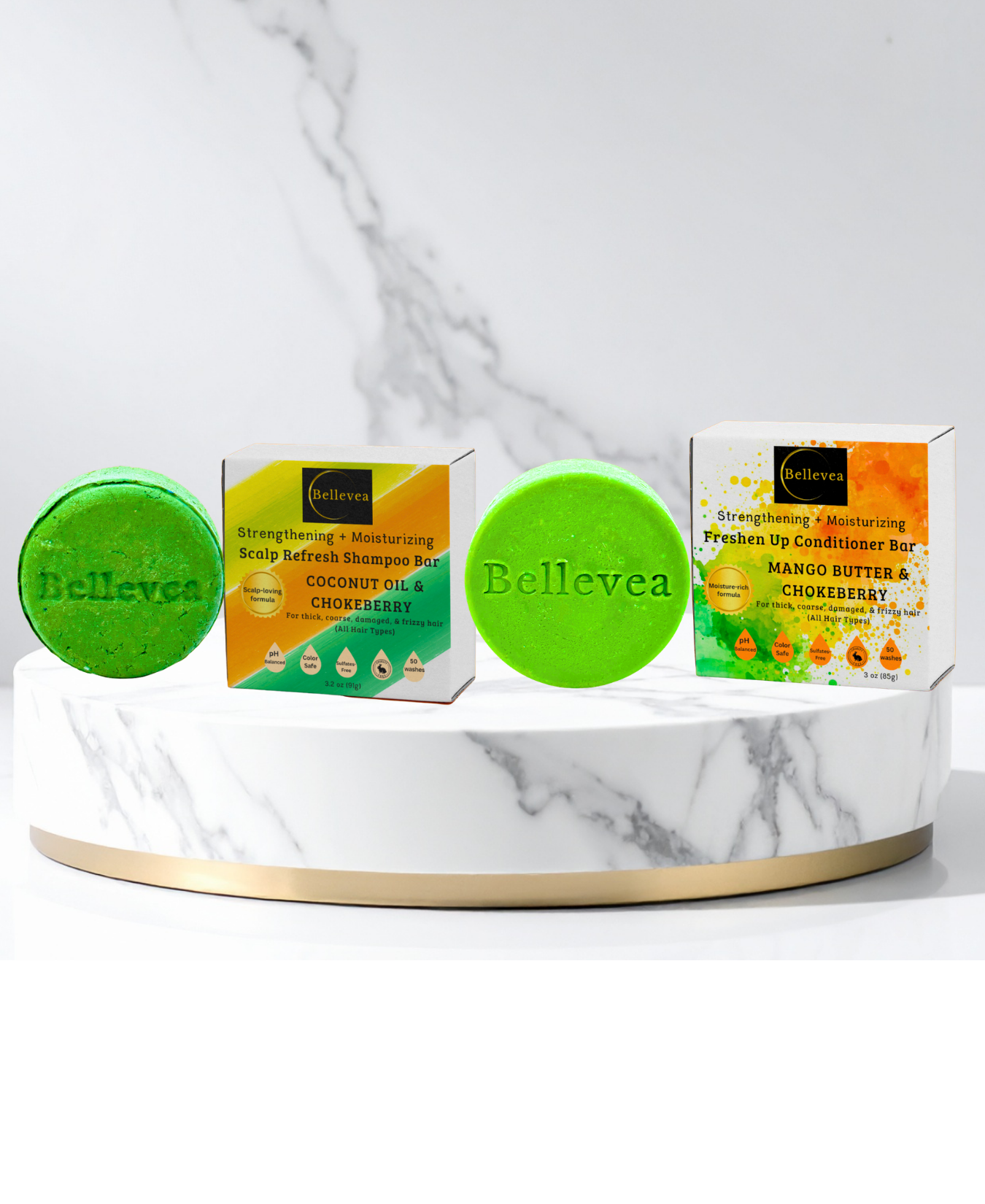 3.2 oz Bellevea Scalp Refresh Shampoo & 3 oz Bellevea Freshen Up Conditioner Bars Combo - Strengthening & Moisturizing for thick, coarse, damaged, & frizzy hair (All Hair Types) in women and men. Scents of lemongrass, orange, & peppermint.