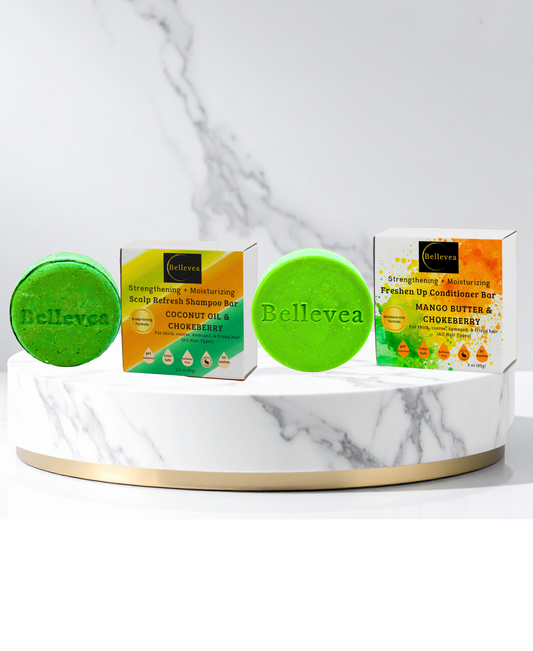 3.2 oz Bellevea Scalp Refresh Shampoo & 3 oz Bellevea Freshen Up Conditioner Bars Combo - Strengthening & Moisturizing for thick, coarse, damaged, & frizzy hair (All Hair Types) in women and men. Scents of lemongrass, orange, & peppermint.