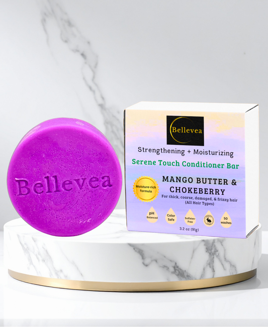 3 oz Bellevea Serene Touch Conditioner Bar with Mango Butter & Chokeberry for Healthier-Looking Hair – Strengthening & Moisturizing Conditioner for thick, coarse, damaged, & frizzy hair (All Hair Types) in women and men. Scents of lavender & vanilla.