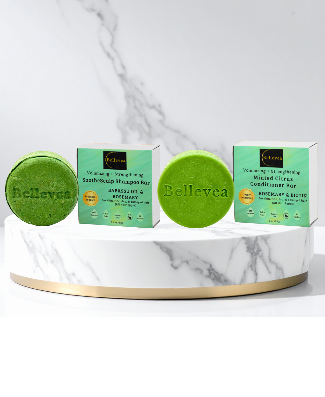 3.2 oz Bellevea SootheScalp Shampoo & 3 oz Minted Citrus Conditioner Bars Combo - Volumizing & strengthening for thin, fine, dry, and damaged hair (All Hair Types) in women and men. Scents of rosemary & orange.