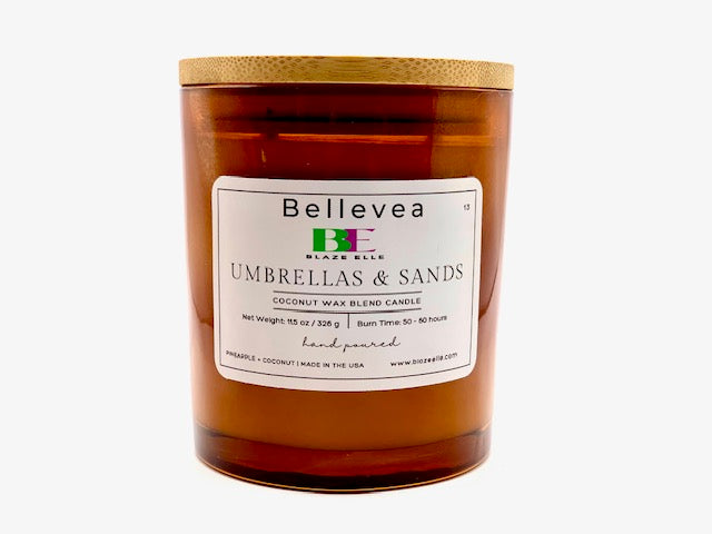 11.5oz Bellevea Umbrella and Sands, the scents of pineapple and coconut.