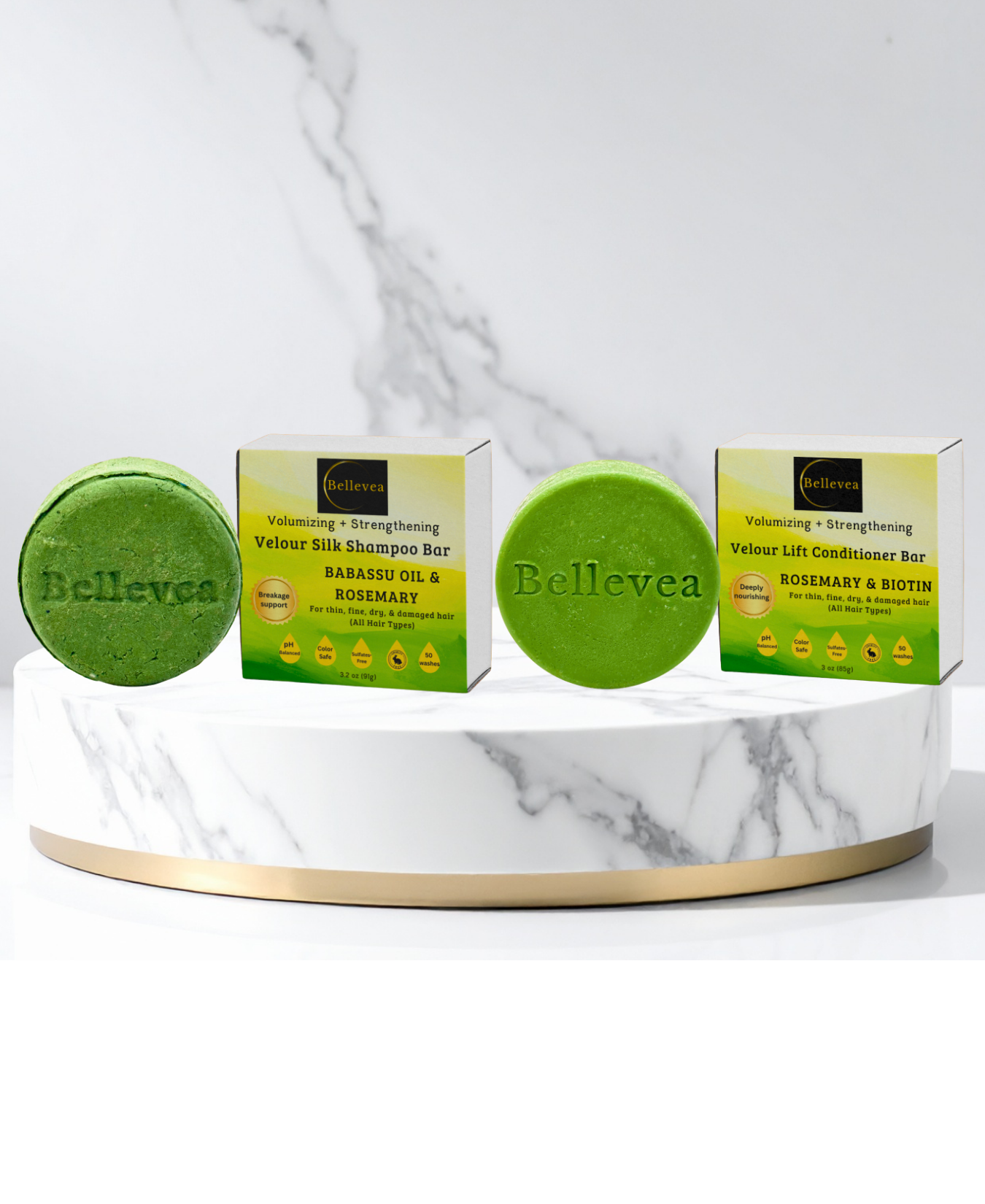 3.2 oz Bellevea Velour Silk Shampoo & 3 oz Velour Lift Conditioner Bars Combo - Volumizing & Strengthening for thin, fine, dry, & damaged hair (All Hair Types) in women and men. Scents of lemongrass & eucalyptus.