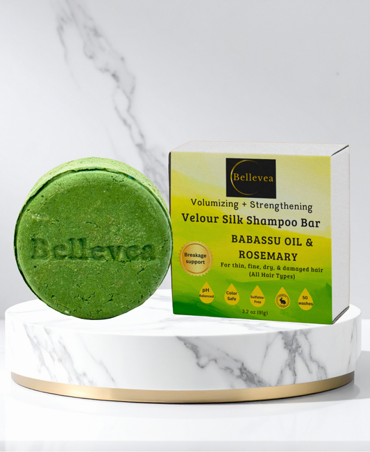 3.2 oz Bellevea Velour Silk Shampoo Bar with Babassu Oil & Rosemary for Healthy Scalp, Silk Repair & Hair Growth - Volumizing & Strengthening for thin, fine, dry, & damaged hair (All Hair Types) in women and men. Scents of lemongrass & eucalyptus.