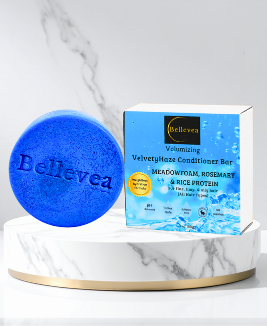 3 oz Bellevea VelvetyHaze Conditioner Bar with Meadowfoam Oil, Rosemary & Rice Protein for Fuller-Looking Hair - Volumizing conditioner for fine, limp & oily hair (All Hair Types) in women and men. Scents of blueberry & ylang ylang.