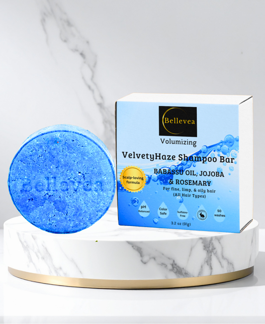 3.2 oz Bellevea VelvetyHaze Shampoo Bar with Babassu Oil, Jojoba Oil & Rosemary for Healthy Scalp & Fuller-Looking Hair - Volumizing shampoo for fine, limp & oily hair (All Hair Types) in women and men. Scents of blueberry & ylang ylang.