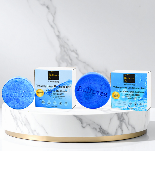 3.2 oz Bellevea VelvetyHaze Shampoo & 3 oz Bellevea VelvetyHaze Conditioner Bars - Volumizing shampoo & conditioner bars for fine, limp & oily hair (All Hair Types) in women and men. Scents of blueberry & ylang ylang.